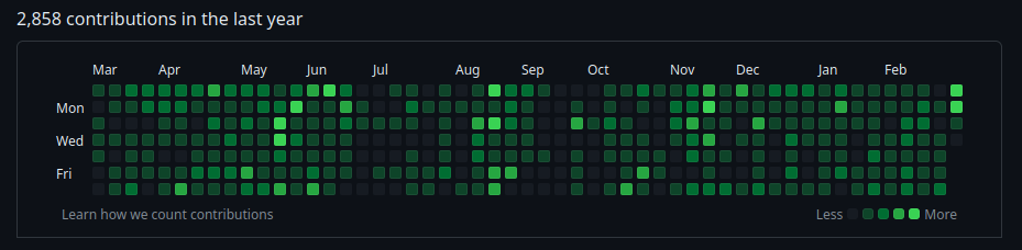 bitfl0wer's (mine) commit graph for the past year. A lot of green squares, signalling a lot of commits/activity that has been made. The text above the graph reads: "2,858 contributions in the last year"